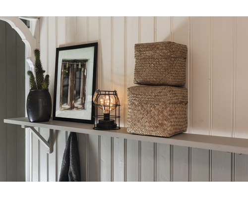 Regaldekoration mit Kaktus, Bilderrahmen, Lampe und zwei Körben