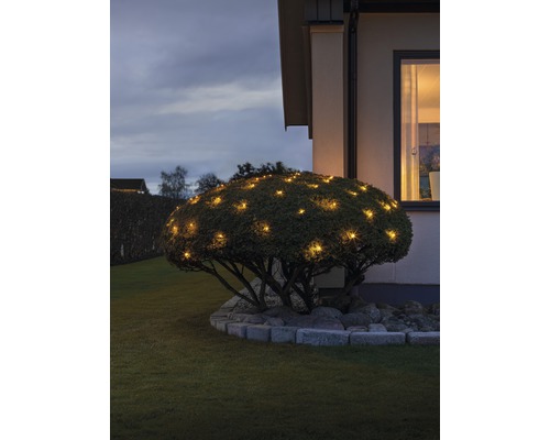Garten mit beleuchtetem Strauch und Haus im Hintergrund