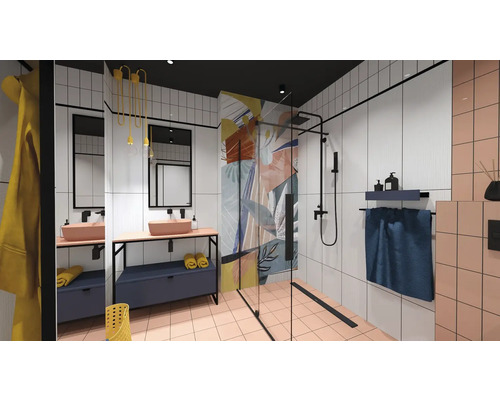 Helles Badezimmer mit Dusche, Waschtisch und Spiegel