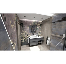 Modernes Badezimmer mit Waschbeckenunterschrank, Spiegel und Dusche