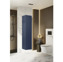 Modernes Badezimmer mit blauem Hochschrank, Toilette und Dusche