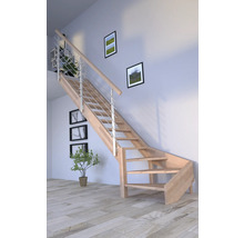 Raumansicht mit Holztreppe und Edelstahlgeländer