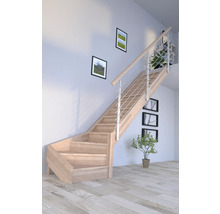 Holztreppe mit Edelstahlgeländer in einem hellen Raum mit Bildern an der Wand