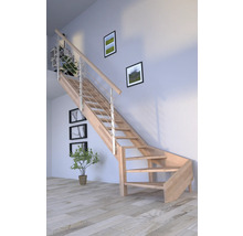 Holztreppe mit Edelstahlgeländer in einem hellen Raum