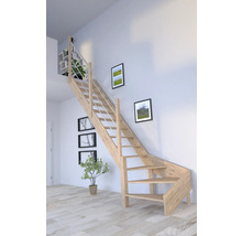 Holztreppe mit Geländer in einem hellen Raum
