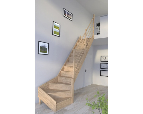 Holztreppe in einem hellen Wohnraum mit Bildern an der Wand