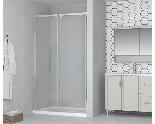 Schiebetür für Nische und Seitenwand Form & Style Modena 1200x1950 mm Anschlag links Echtglas Klar hell chromoptik mit schmutzabweisender Glasbeschichtung Badezimmer mit Duschkabine mit Schiebetür und Waschtisch