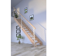 Holztreppe mit Edelstahlgeländer in einem hellen Raum