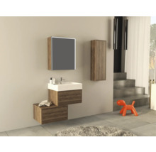Modernes Badezimmer mit Waschtisch, Spiegelschrank und Hochschrank in Holzoptik