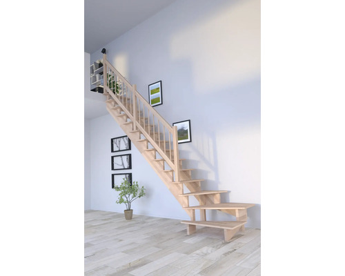 Holztreppe im modernen Wohnraum mit Wanddekoration und Topfpflanze