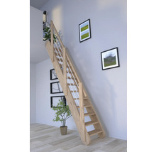 Holztreppe mit weißem Geländer in einem hellen Raum