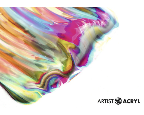 Nahaufnahme von Farbverläufen verschiedener Farben und Artist Acryl Logo