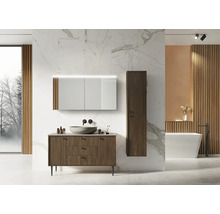 Badezimmer mit Waschtischunterschrank, Spiegelschrank mit Beleuchtung und Hochschrank
