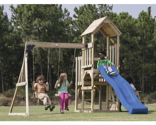 Spielhaus Spielturm axi 383 x 366 cm Holz, Kunststoff braun bestehend aus Grundturm, Rutsche blau Spielhaus Spielturm axi 383 x 366 cm Holz, Kunststoff braun bestehend aus Grundturm, Rutsche blau