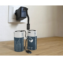 Zwei aufladbare Batterien mit Ladegerät in der Steckdose.