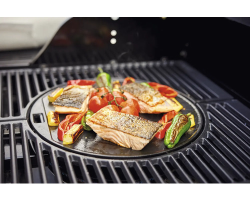 Lachs und Gemüse auf einem Grill zubereitet