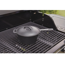 Gusseisen Topf mit Deckel auf einem Grillrost