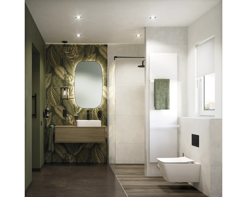 Helles Badezimmer mit Waschtisch, Spiegel, Toilette und Dusche