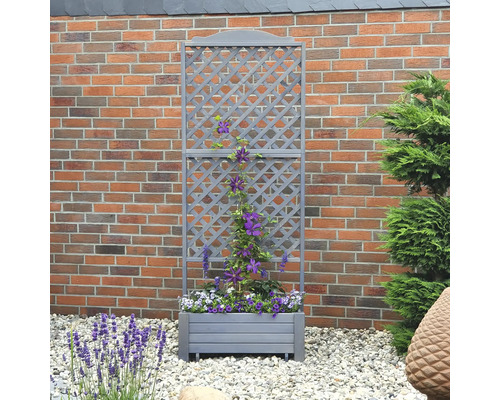 Grauer Pflanzkasten mit Rankgitter vor einer Ziegelmauer, bepflanzt mit lila und weißen Blumen.