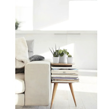 Helle Inneneinrichtung mit Sofa und Beistelltisch aus Büchern, darauf Pflanzen in Töpfen