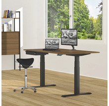 Höhenverstellbarer Schreibtisch mit Computern, Monitor und Sattelstuhl in einem hellen Raum.