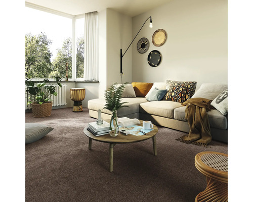 Wohnzimmer mit braunem Teppich, Sofa, Tisch und Dekoration