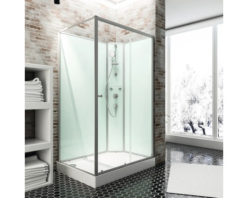 Fertigdusche Schulte ExpressPlus Ibiza rechts 120x90x204 cm Echtglas Klar hell Duschkabine mit Brausegarnitur in einem modernen Badezimmer.