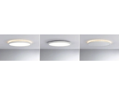 Drei Ansichten einer runden LED-Deckenleuchte mit unterschiedlichen Beleuchtungseinstellungen.