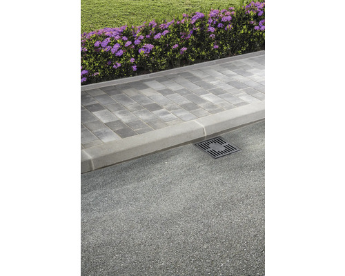 Gartenweg mit Pflastersteinen, Bordsteinen und Entwässerungsrinne.