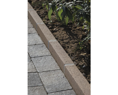 Beton Bordsteineinfassung neben Pflastersteinen und Pflanzen