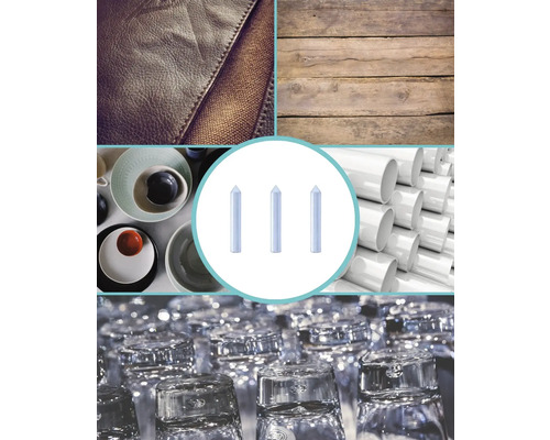 Collage verschiedener Materialien und Gegenstände: Leder, Holz, Geschirr, Kunststoffrohre und Gläser