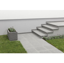 Außenbereich mit Pflastersteinen, Treppe und einem bepflanzten Blumenkasten