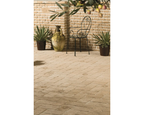 Gartenszene mit Mauer, Amphore, Pflanzen, Stuhl und Pflastersteinen.