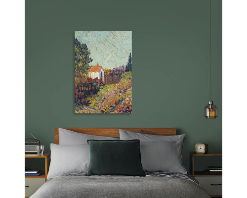 Gemälde einer Gartenlandschaft mit Haus über einem Bett