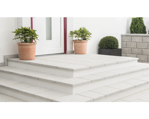 Außentreppe mit Betonstufen und Pflanzgefäßen.