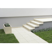 Gartenweg mit Steintreppe und Pflanzenkübel