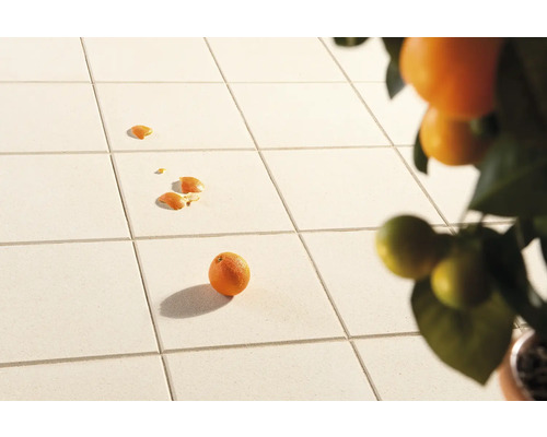 Quadratische Terrassenplatten mit Mandarinenbaum und Mandarinenresten