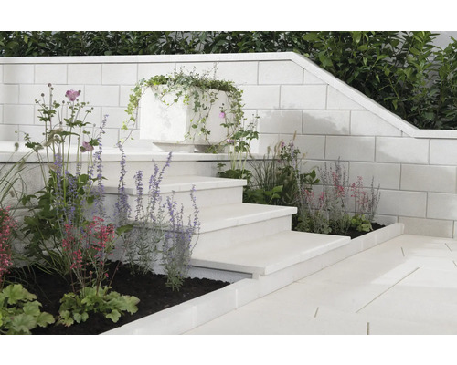 Gartentreppe aus Stein mit bepflanztem Blumenkasten und verschiedenen Pflanzen