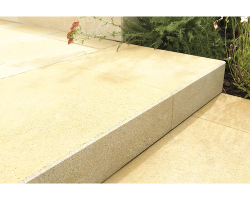 Nahaufnahme einer hellen Gartentreppe aus Stein mit Pflanzen im Hintergrund