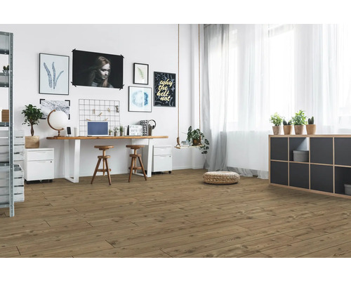 Arbeitszimmer mit Holzboden, Schreibtisch und Dekoration
