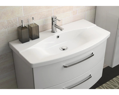 Waschtisch mit zwei Schubladen, Waschbecken, Armatur, Seifenspender und Zahnputzbecher