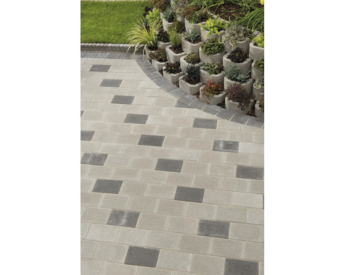 Gartenweg mit Pflastersteinen und bepflanzter Mauer