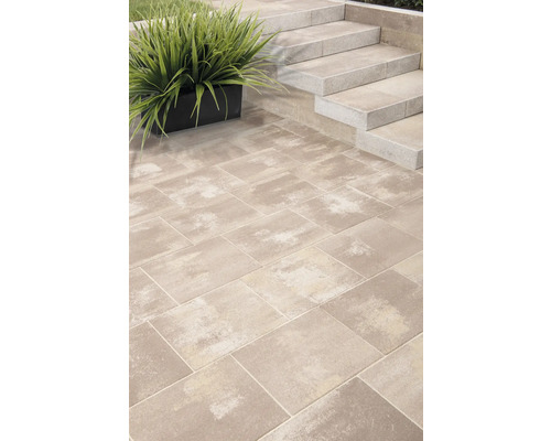 Gepflasterte Terrasse mit Steintreppe und Pflanzgefäß