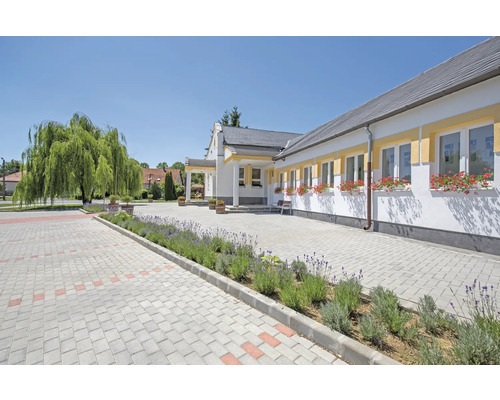 Außenansicht eines Gebäudes mit Pflastersteinen, Blumen und einem Baum