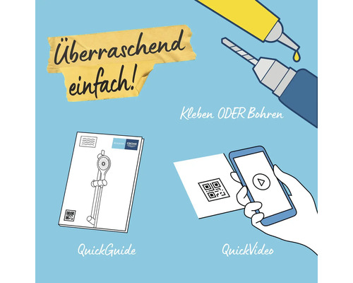 Illustration, die Montageoptionen zeigt: Kurzanleitung, Video, Kleber oder Bohrer