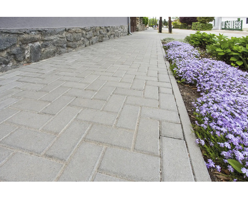 Gepflasterter Gehweg mit rechteckigen Pflastersteinen und Blumenbeet