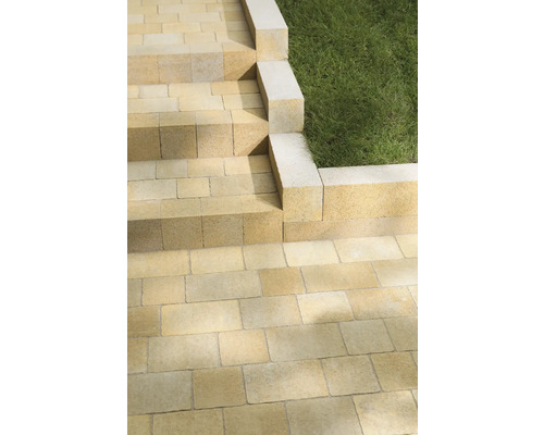 Gartenweg mit Stufen und Rasenfläche, gestaltet mit Pflastersteinen