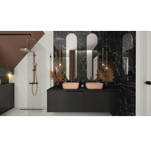 Badezimmer mit Doppelwaschbecken, Armaturen, Spiegeln und Dusche