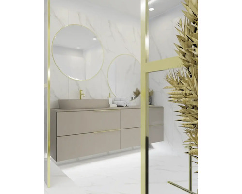 Badezimmer mit Waschtischunterschrank, runden Spiegeln und Dekoration