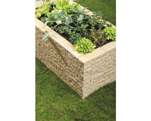 Hochbeet aus Steinblöcken mit Salatbepflanzung im Garten